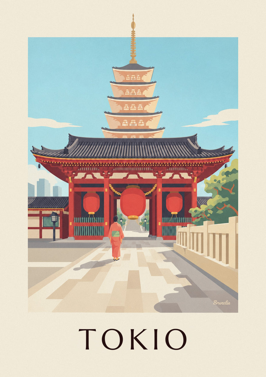 Plakat świątynia Senso-ji z wielkim czerwonym lampionem w Tokio
