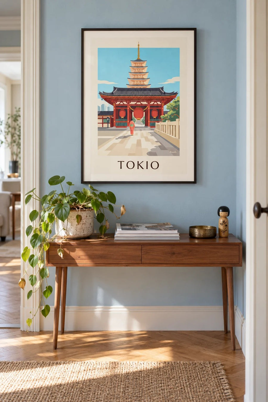 Plakat świątynia Senso-ji z wielkim czerwonym lampionem w Tokio: w ramie na ścianie