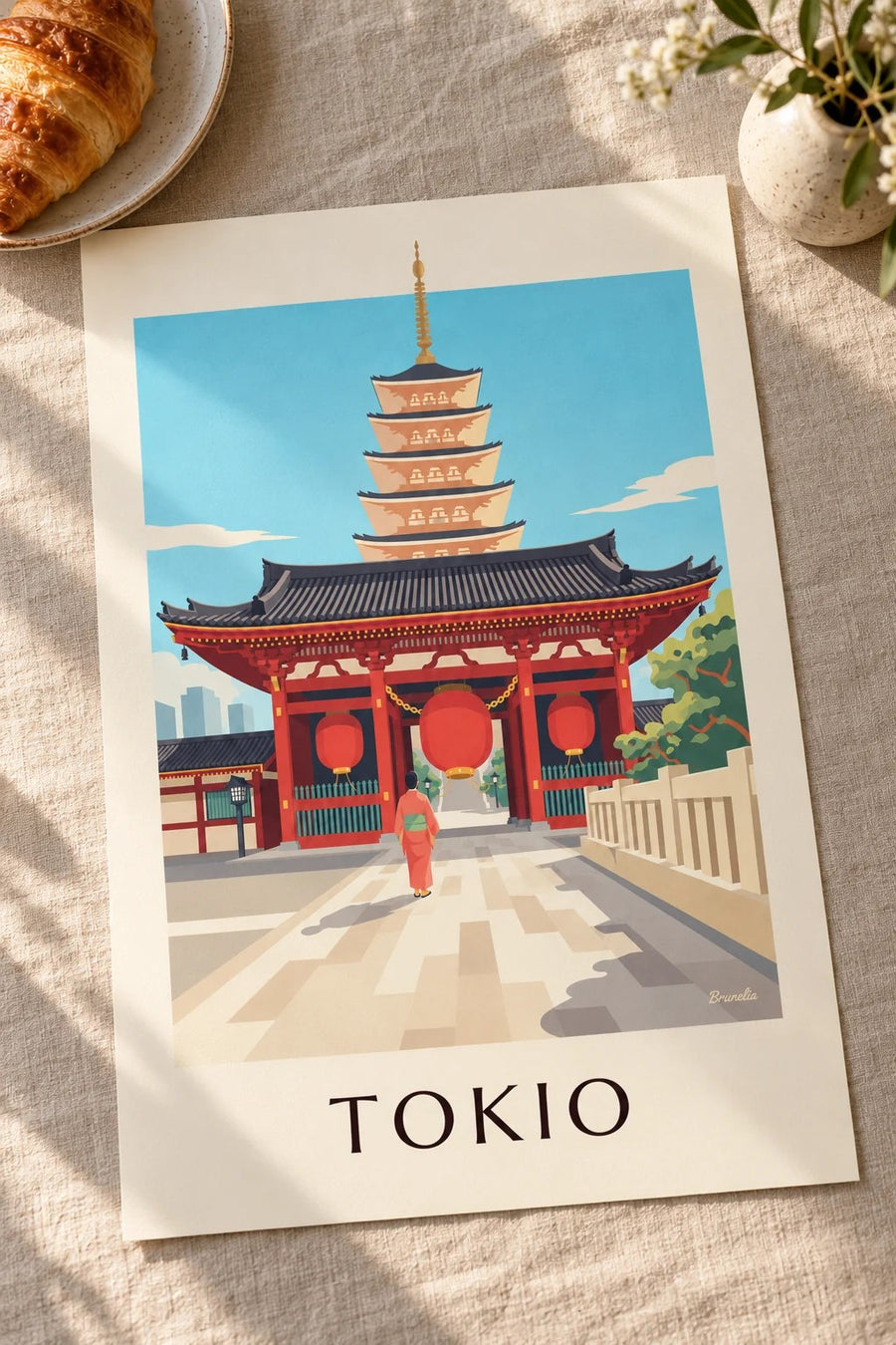 Plakat świątynia Senso-ji z wielkim czerwonym lampionem w Tokio: na stole
