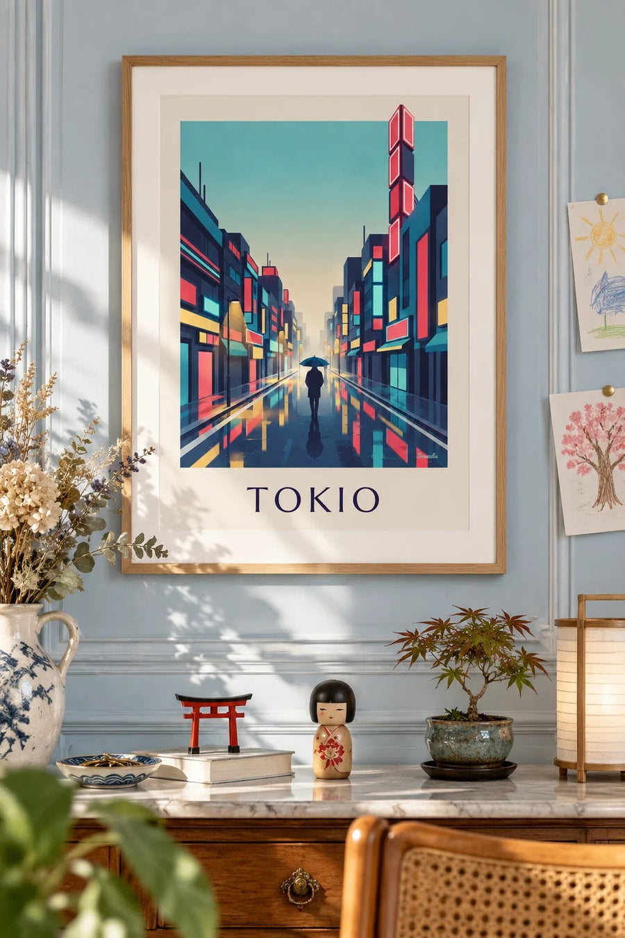 Plakat deszczowa noc i neony w dzielnicy Shinjuku w Tokio: w ramie na ścianie