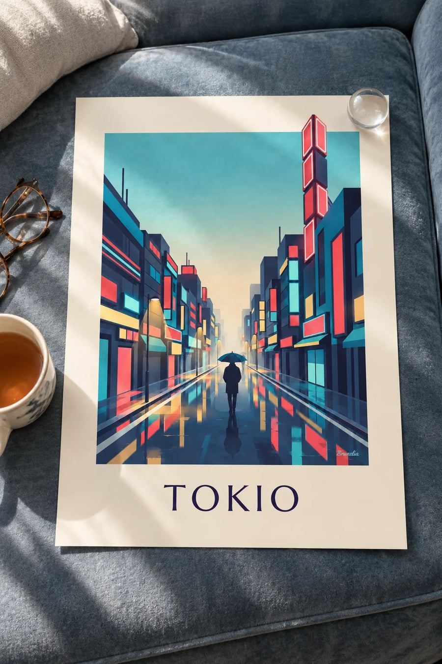 Plakat deszczowa noc i neony w dzielnicy Shinjuku w Tokio: położony na stole