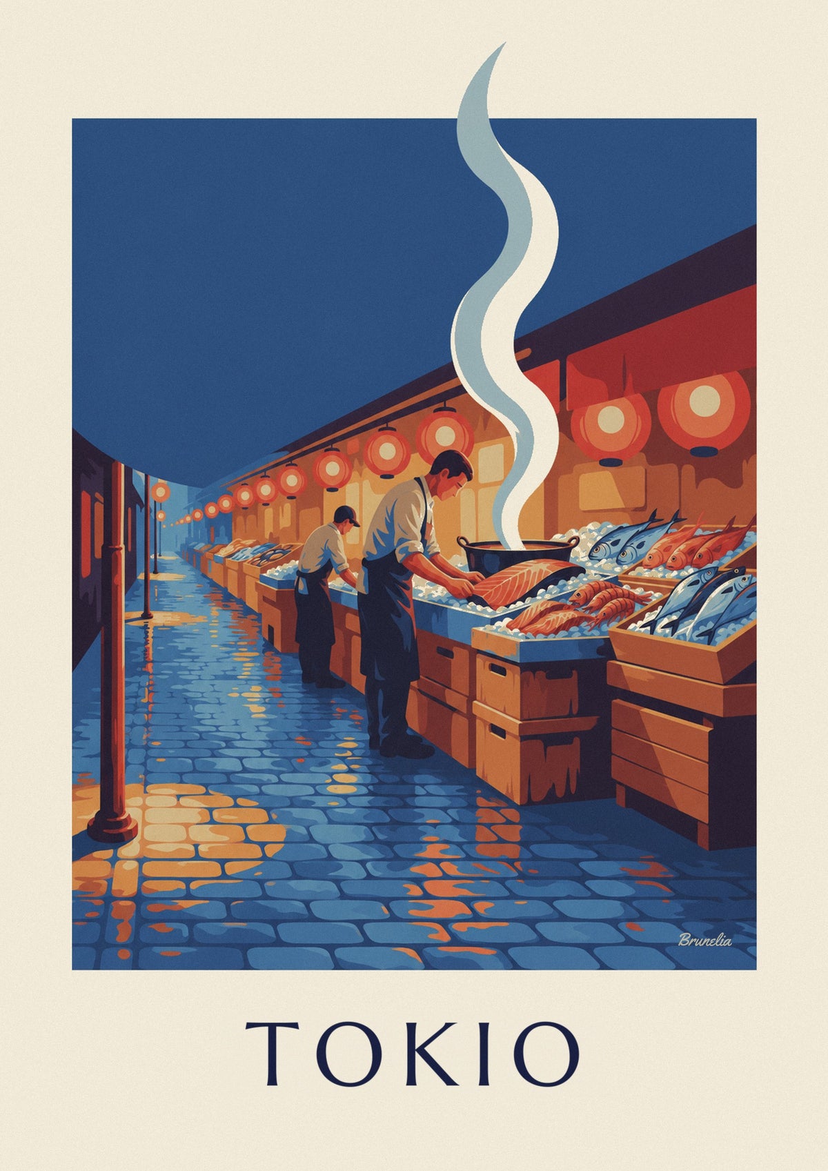 Plakat targ rybny w Tokio pod lampionami