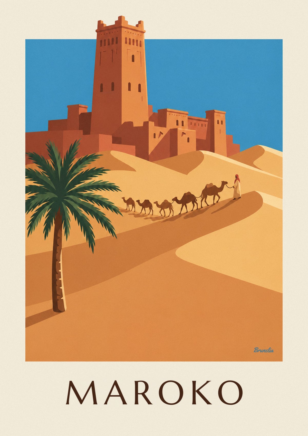 Plakat casbah i karawana wielbłądów na marokańskiej pustyni