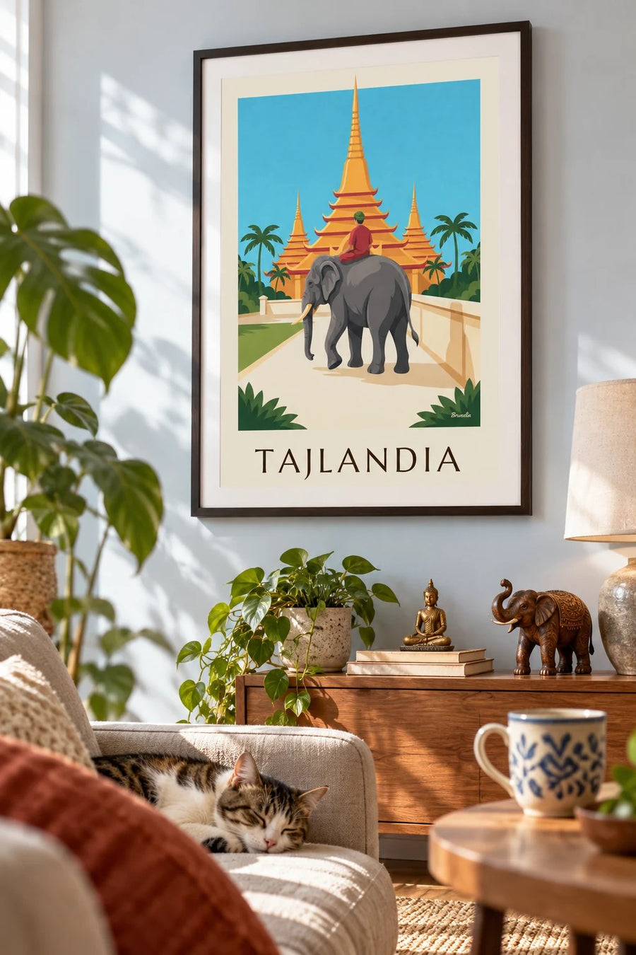 Plakat słoń i złote pagody w Tajlandii: w ramce na ścianie