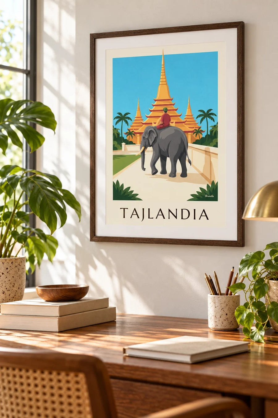 Plakat słoń i złote pagody w Tajlandii: mały format A4 w ramce