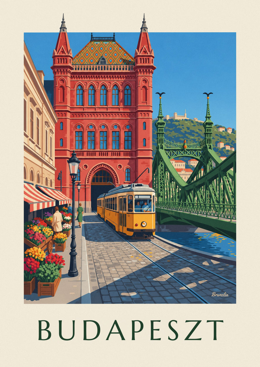 Plakat żółty tramwaj i Most Wolności w Budapeszcie