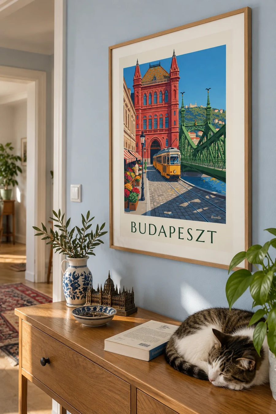 Plakat żółty tramwaj i Most Wolności w Budapeszcie: w ramie na ścianie
