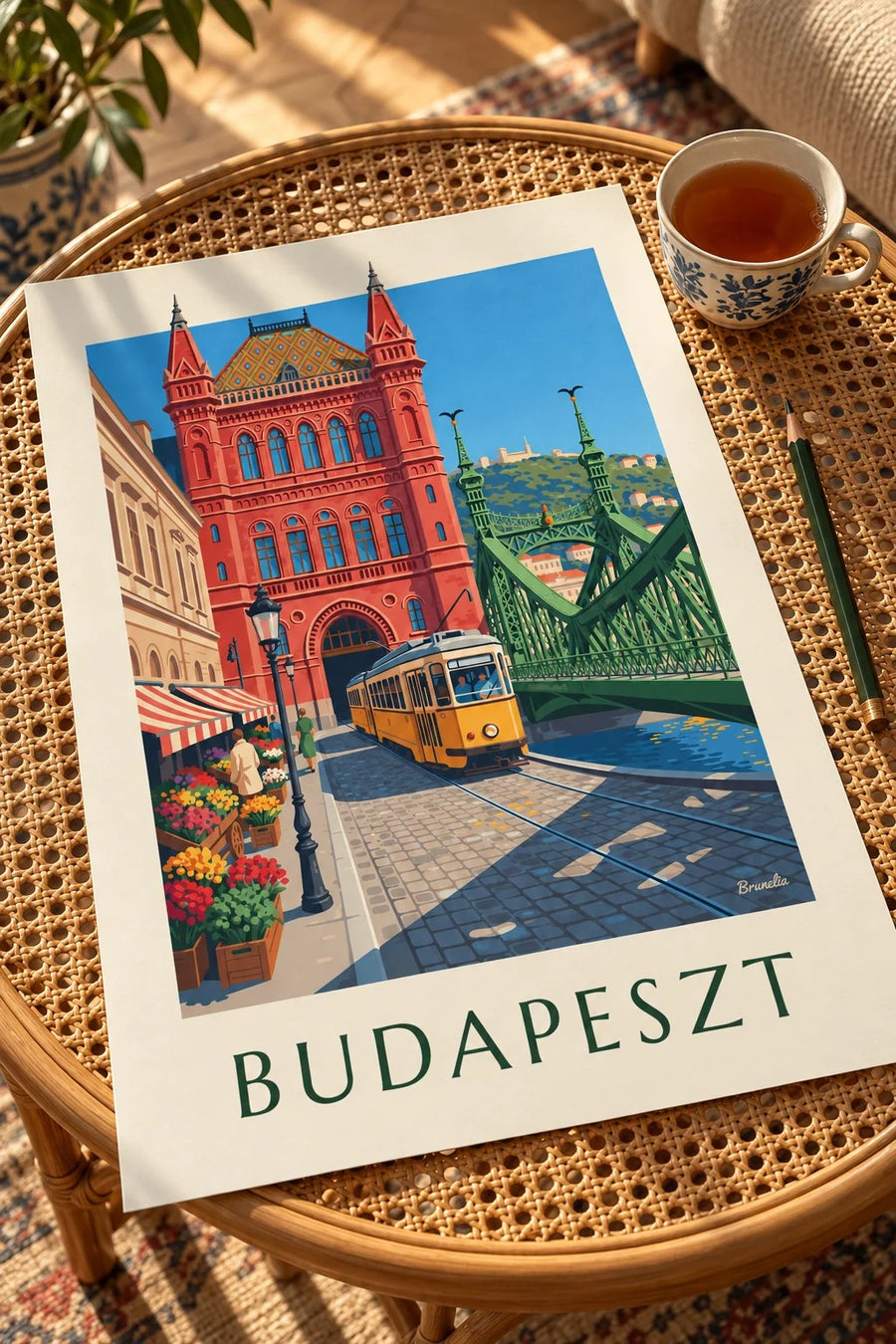 Plakat żółty tramwaj i Most Wolności w Budapeszcie: na stole