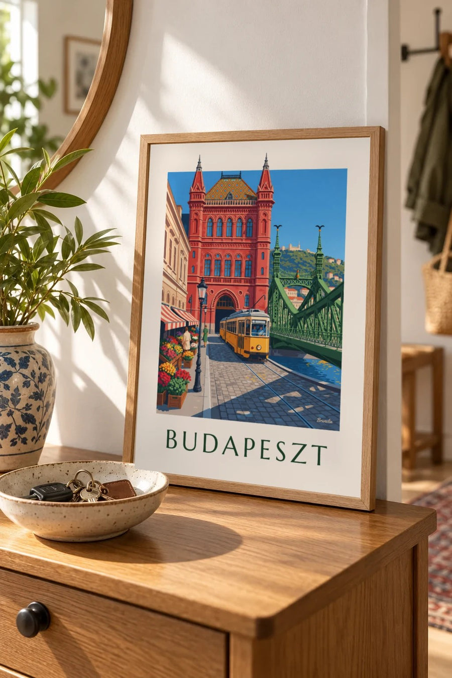 Plakat żółty tramwaj i Most Wolności w Budapeszcie: mały format A4 w ramce