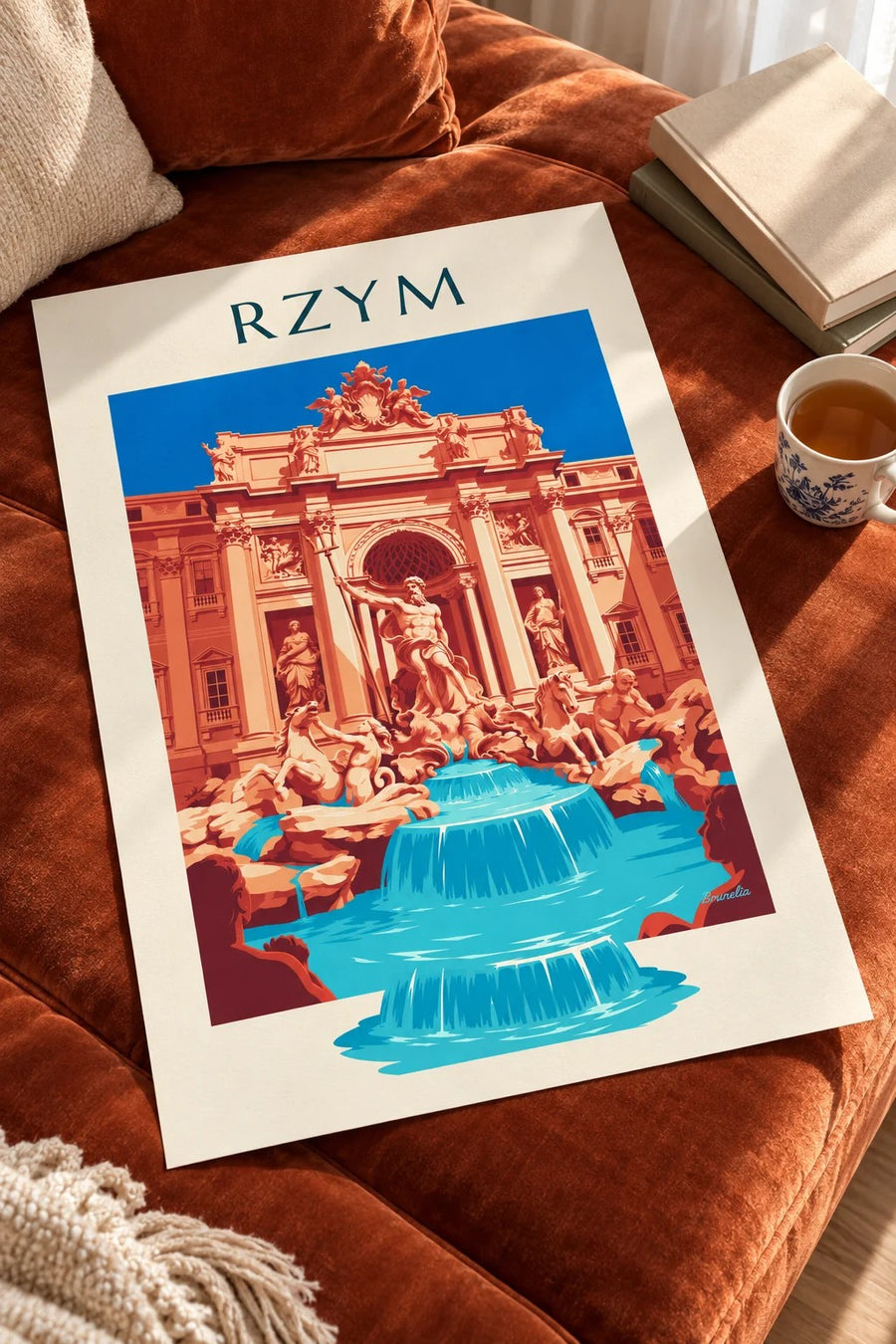 Plakat Fontanna di Trevi i posąg Neptuna w Rzymie: plakat na stole