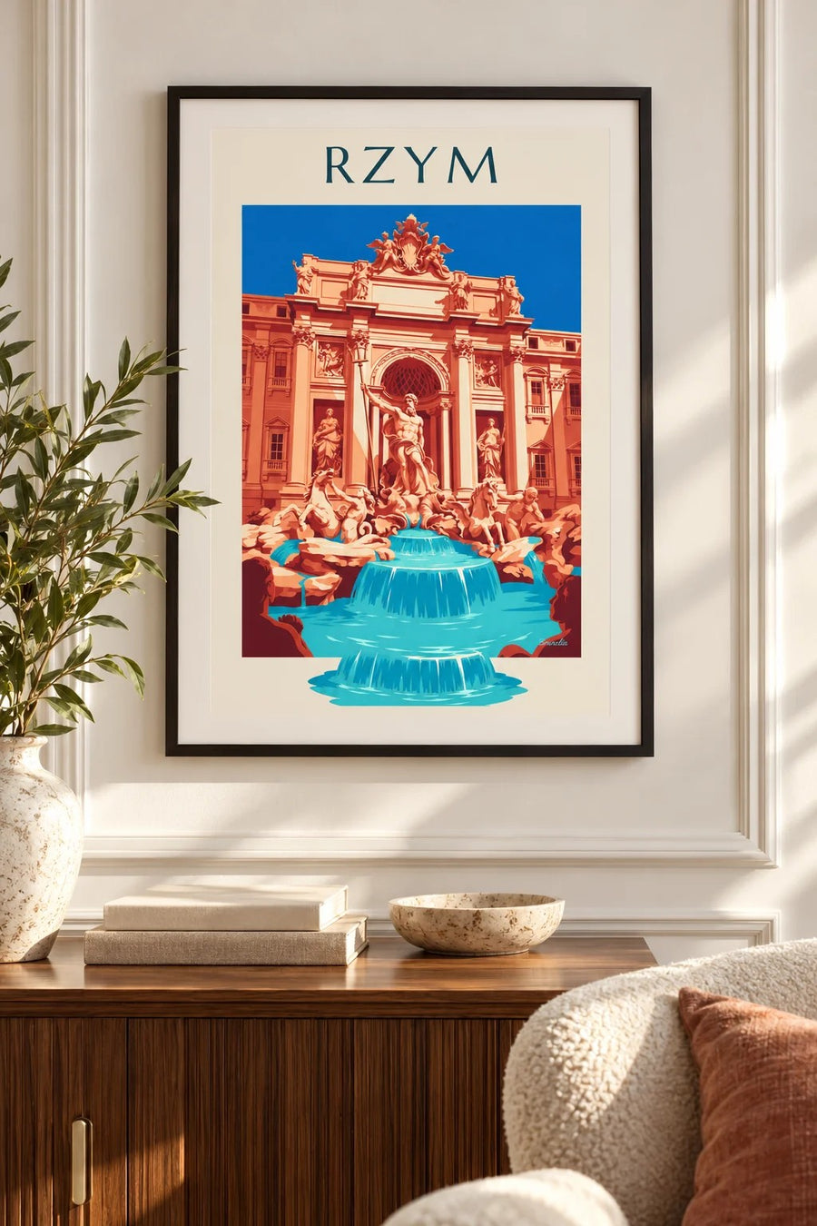 Plakat Fontanna di Trevi i posąg Neptuna w Rzymie: mały format A4 w ramce