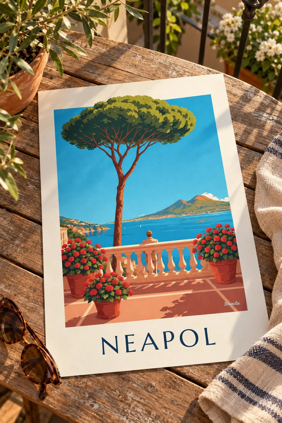 Plakat Neapol, zatoka i Wezuwiusz widziane z tarasu: na stole