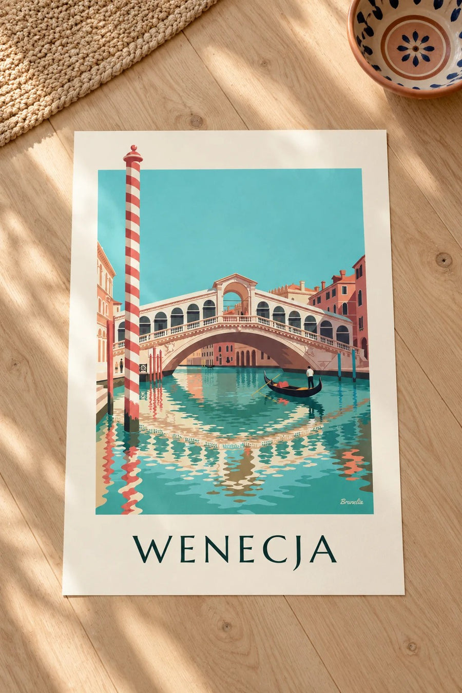 Plakat most Rialto i gondola na Canal Grande w Wenecji: leżący na stole