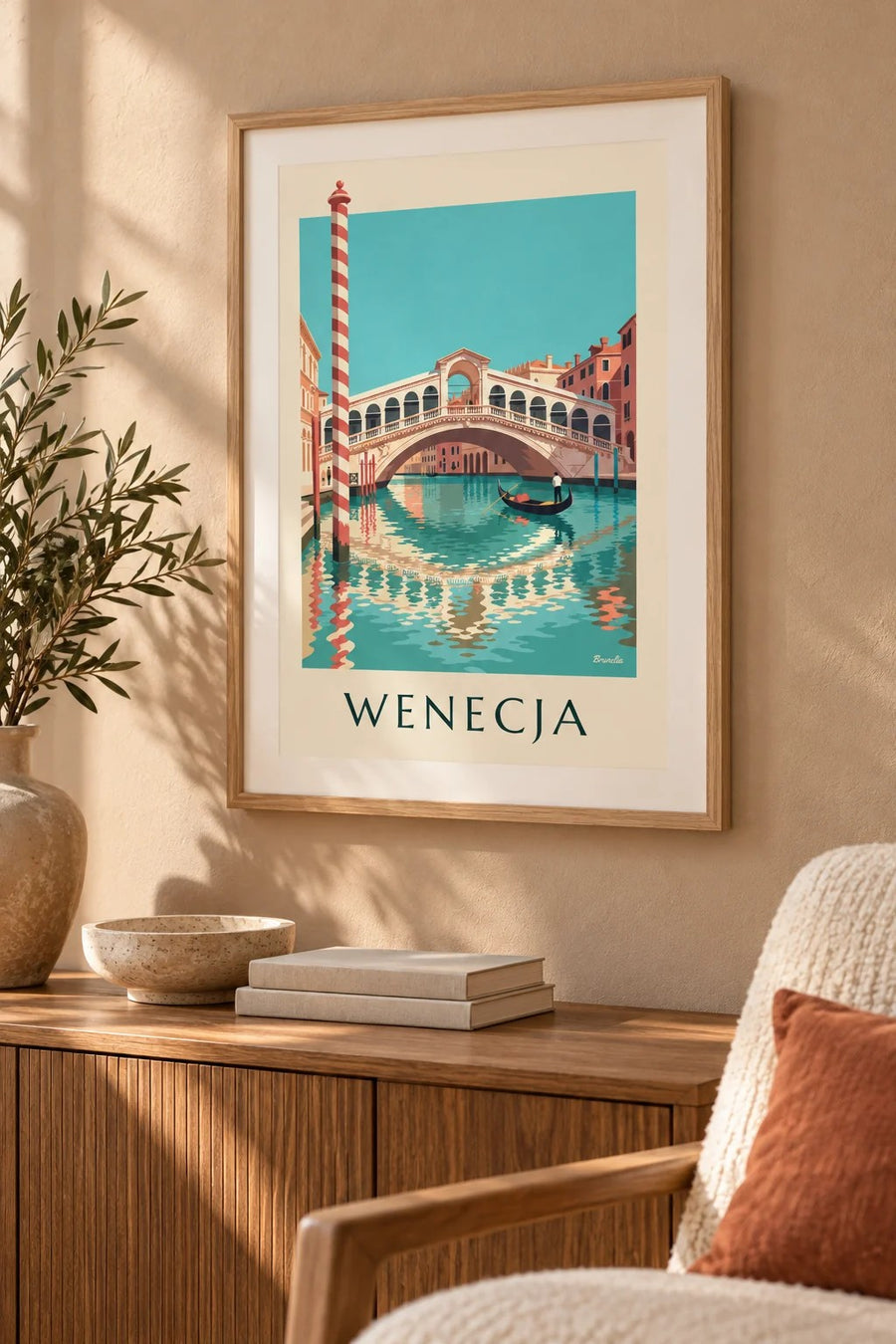 Plakat most Rialto i gondola na Canal Grande w Wenecji: mały format A4 w ramce