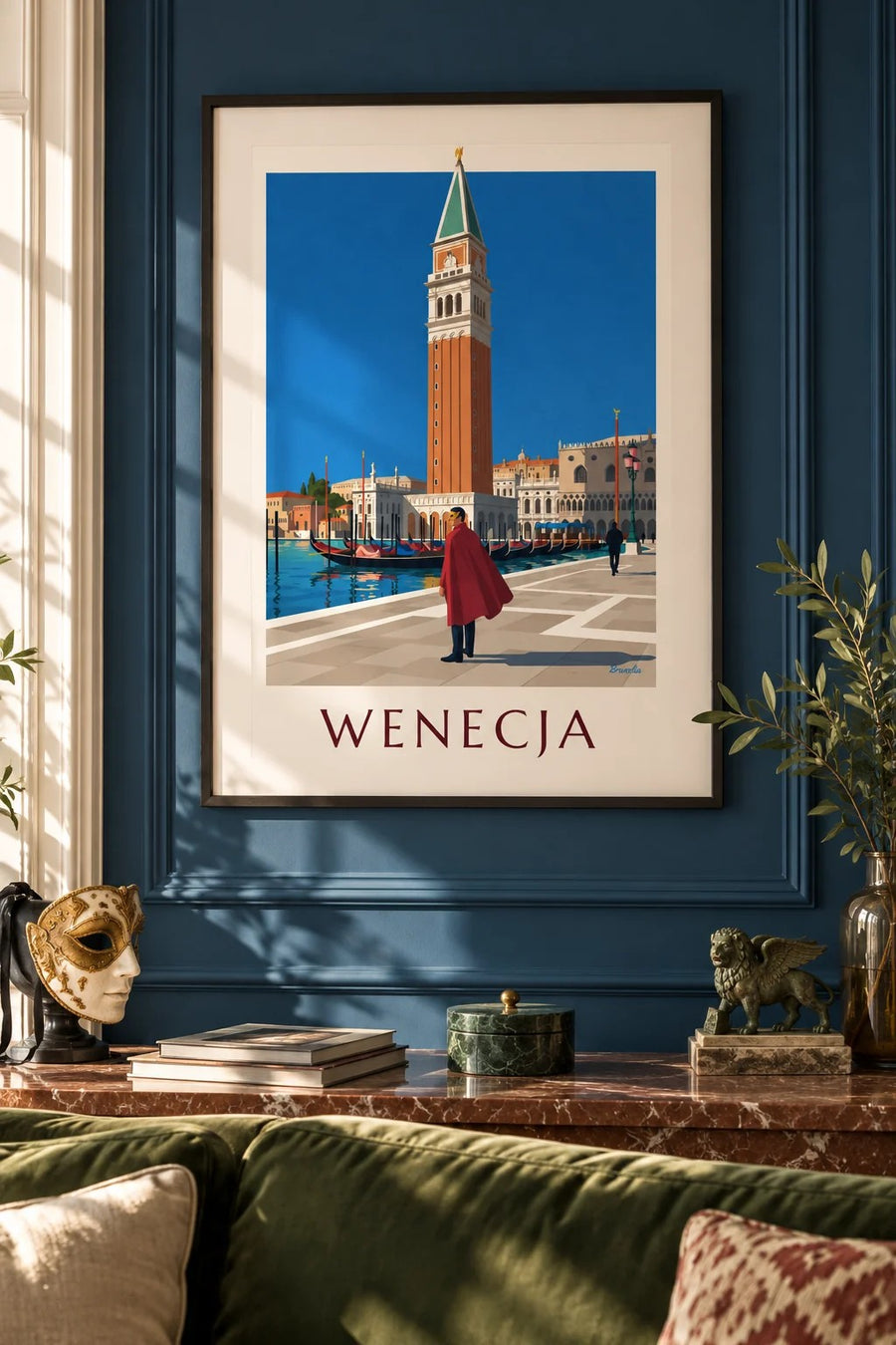 Plakat zamaskowany mężczyzna w czerwonej pelerynie przed campanile św. Marka: w ramie na ścianie