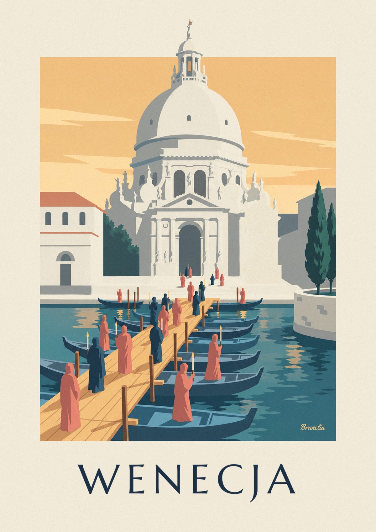 Plakat pielgrzymi na moście z łodzi prowadzącym do Santa Maria della Salute w Wenecji