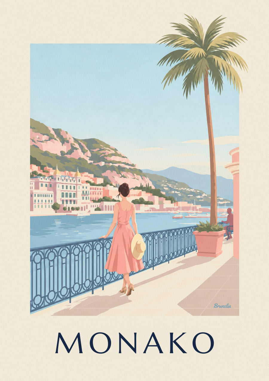 Plakat elegancka kobieta na tle portu Monte Carlo w Monako