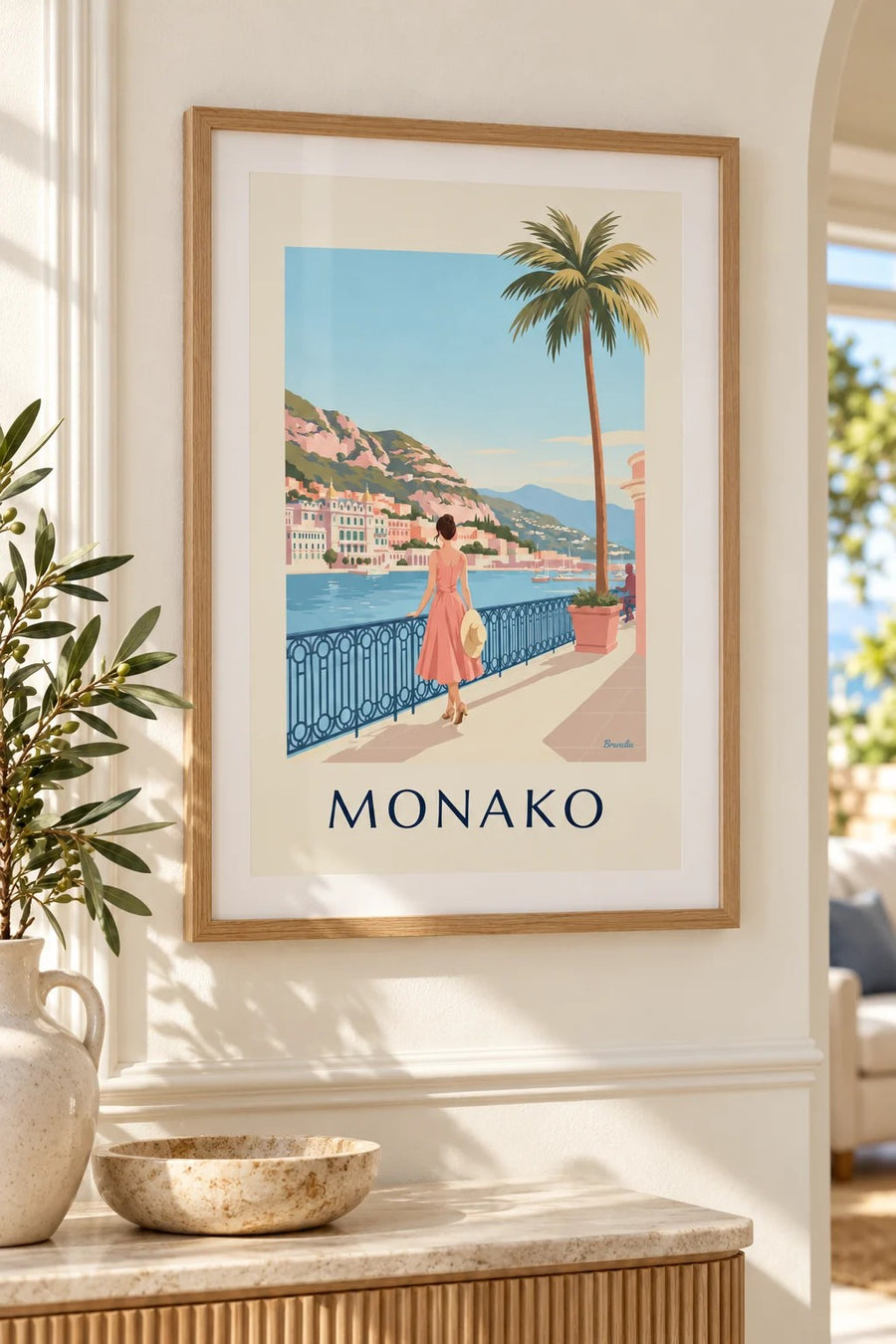 Plakat elegancka kobieta na tle portu Monte Carlo w Monako: mały format A4, w ramie