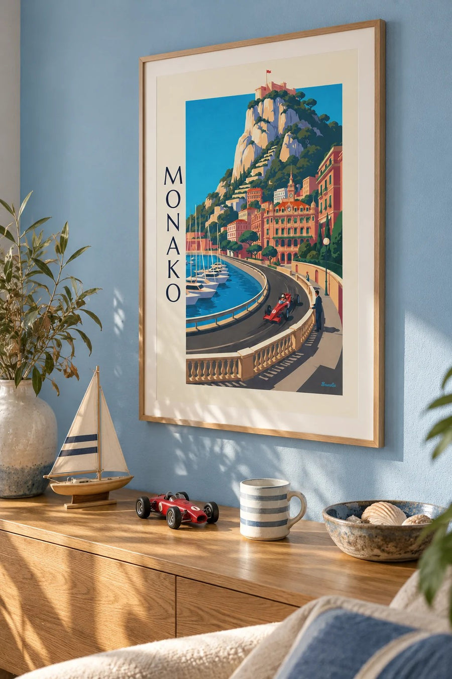 Plakat bolid wyścigowy Grand Prix Monako w porcie: w ramie na ścianie