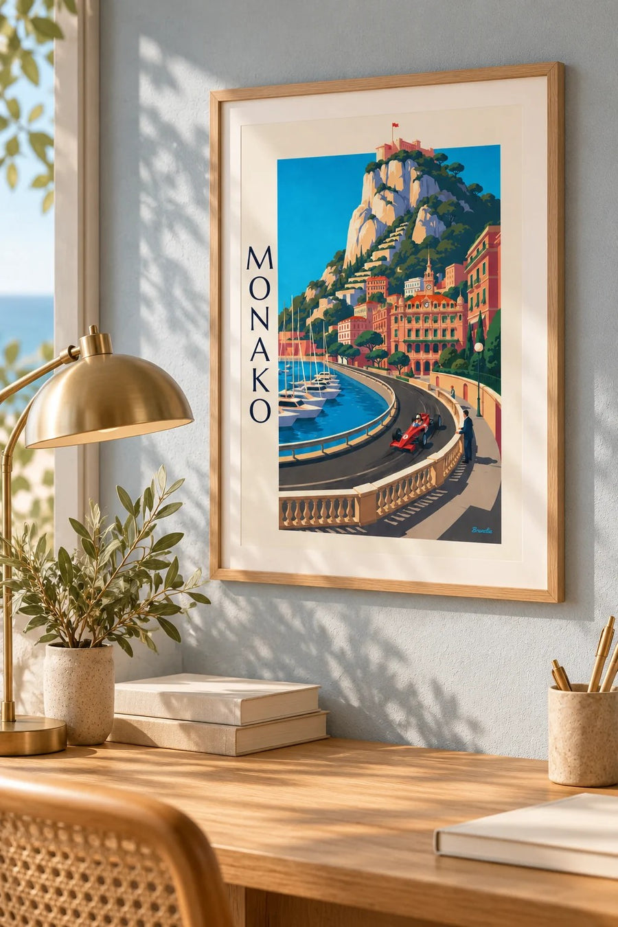 Plakat bolid wyścigowy Grand Prix Monako w porcie: mały format A4 w ramie