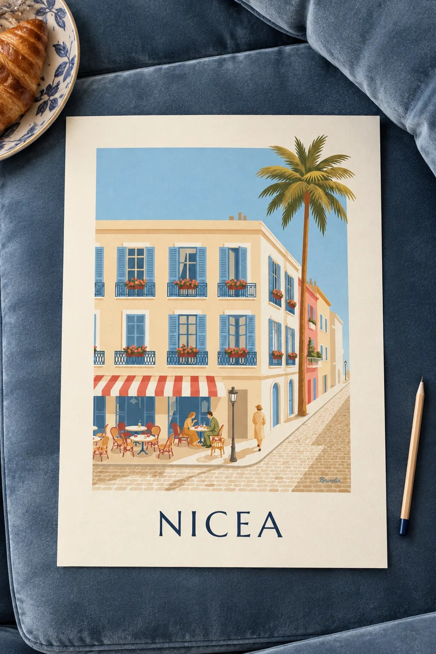Plakat taras i kute balkony w Nicei: leżący na stole