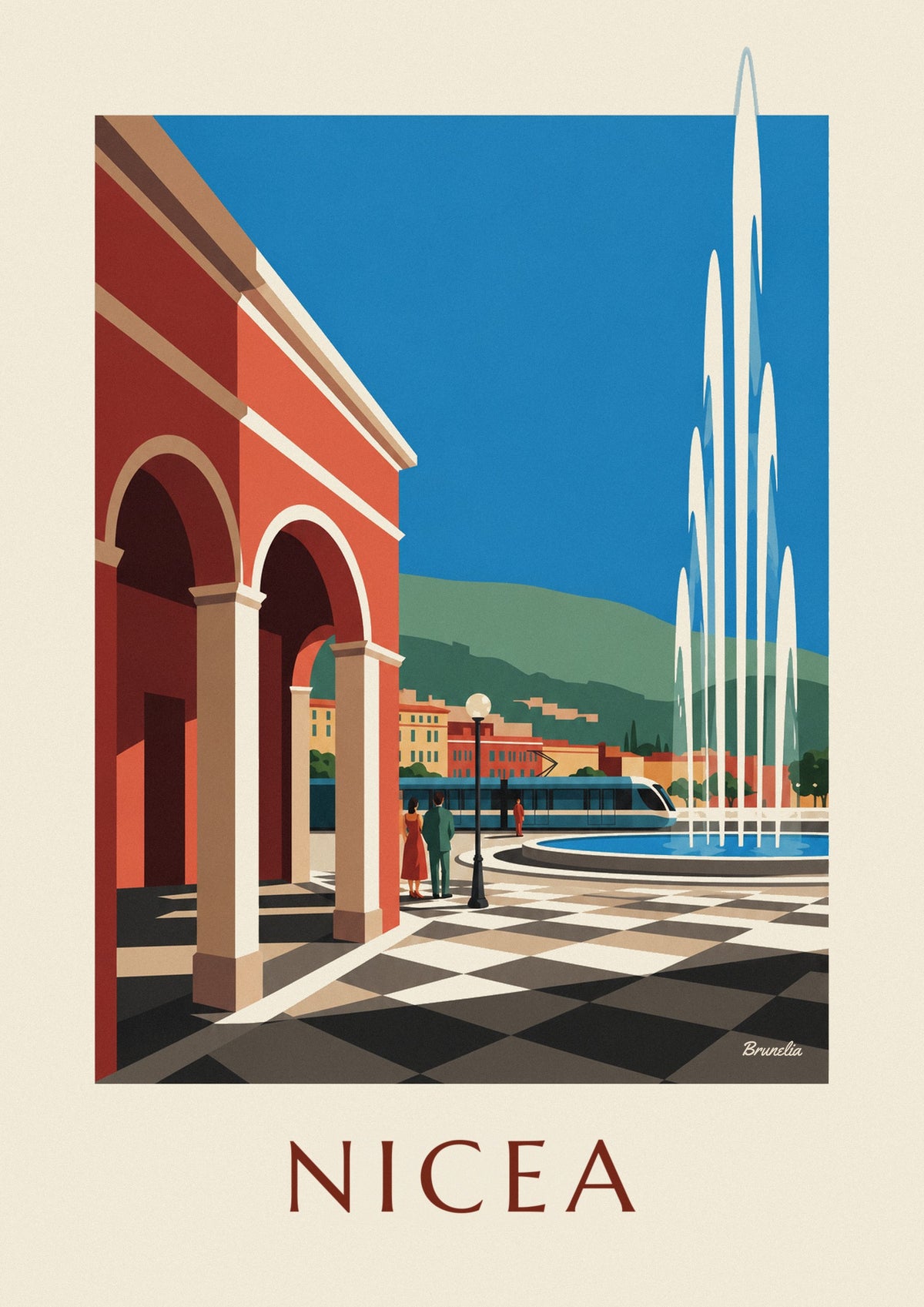 Plakat plac Masséna i czerwone fasady w Nicei