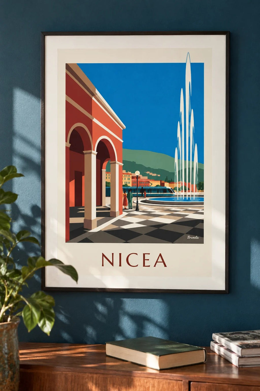 Plakat plac Masséna i czerwone fasady w Nicei: oprawiony na ścianie