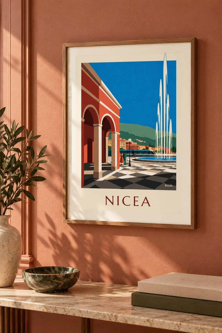 Plakat plac Masséna i czerwone fasady w Nicei: mały format A4 w ramce