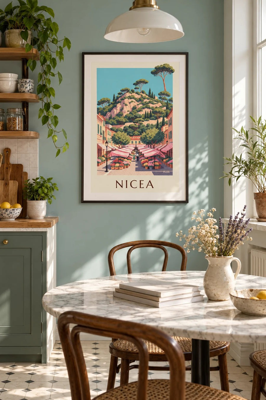 Plakat targ kwiatowy Cours Saleya w Nicei: oprawiony w ramę na ścianie