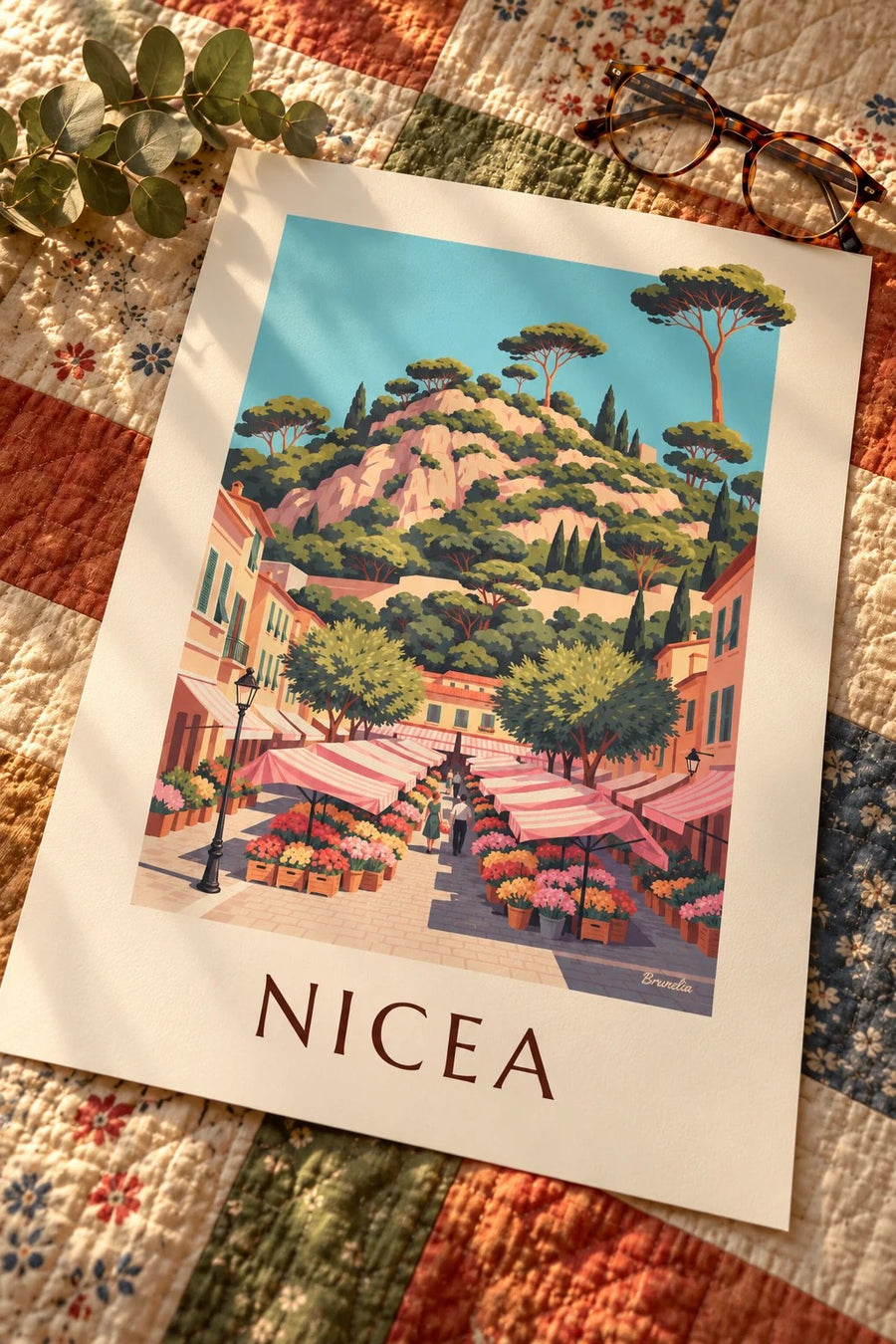 Plakat targ kwiatowy Cours Saleya w Nicei: leżący na stole