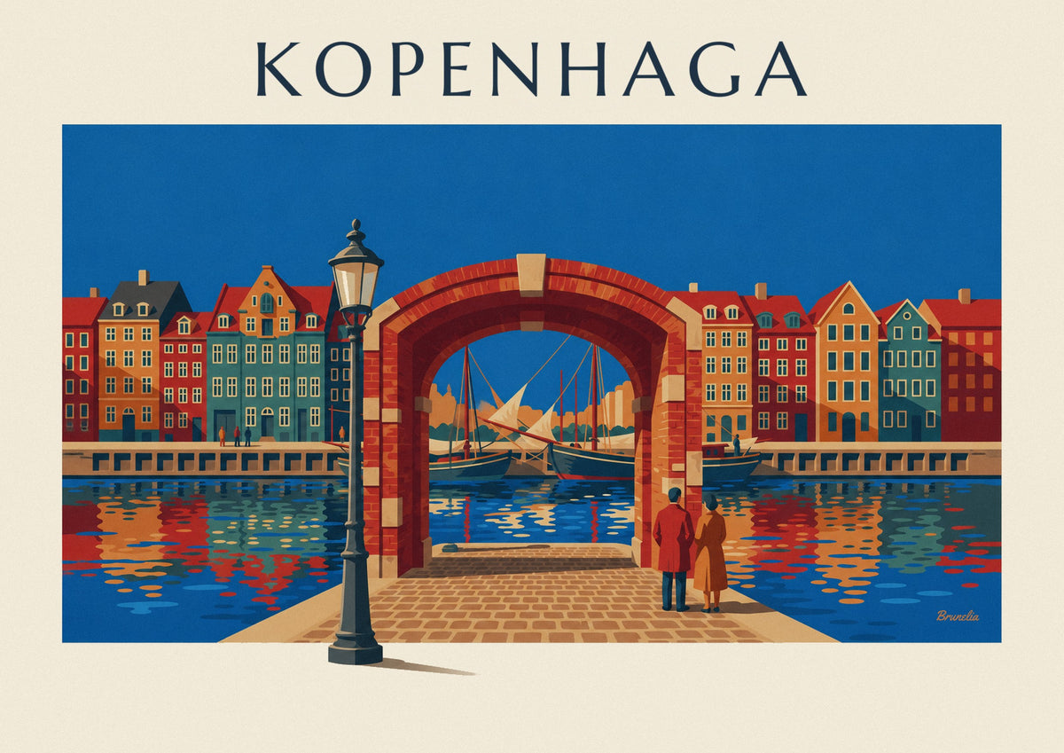 Plakat kolorowe kamieniczki i stare żaglowce w Nyhavn w Kopenhadze