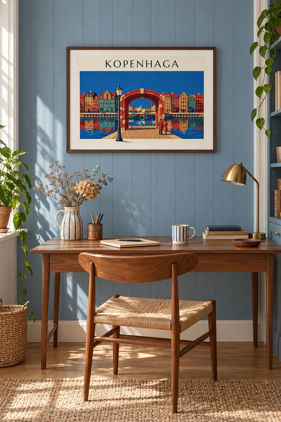 Plakat kolorowe kamieniczki i stare żaglowce w Nyhavn w Kopenhadze: w ramie na ścianie