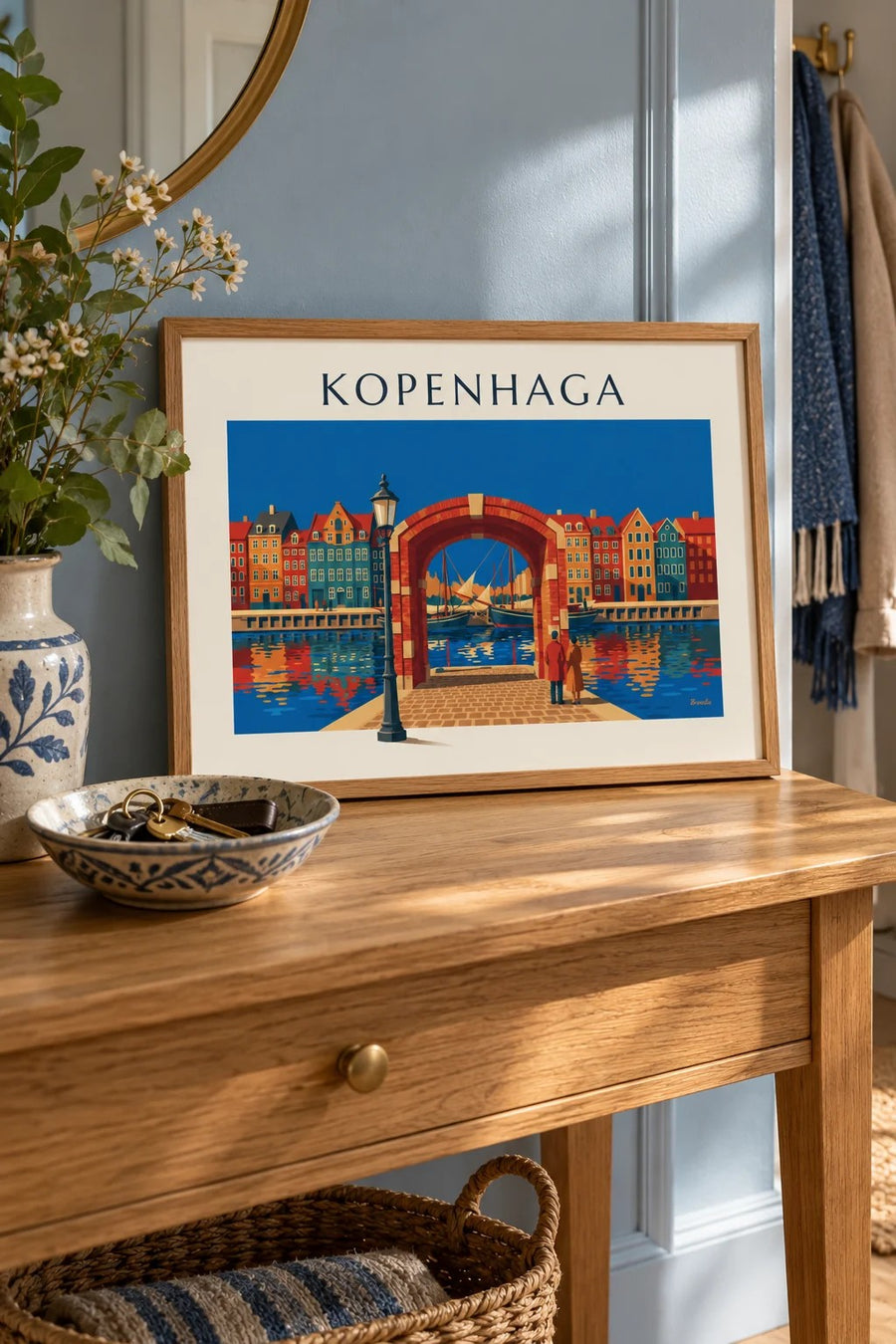 Plakat kolorowe kamieniczki i stare żaglowce w Nyhavn w Kopenhadze: mały format A4 w ramie