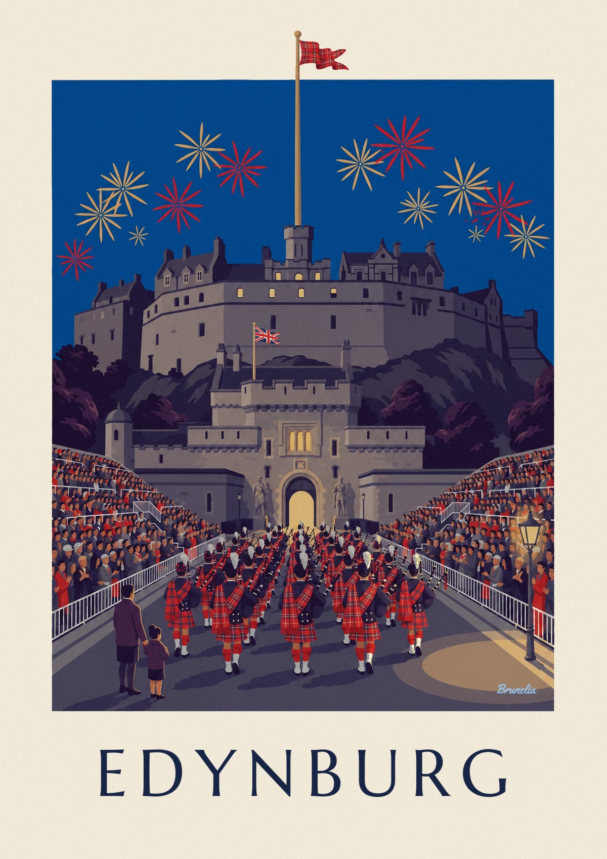 Plakat zamek w Edynburgu i Military Tattoo nocą