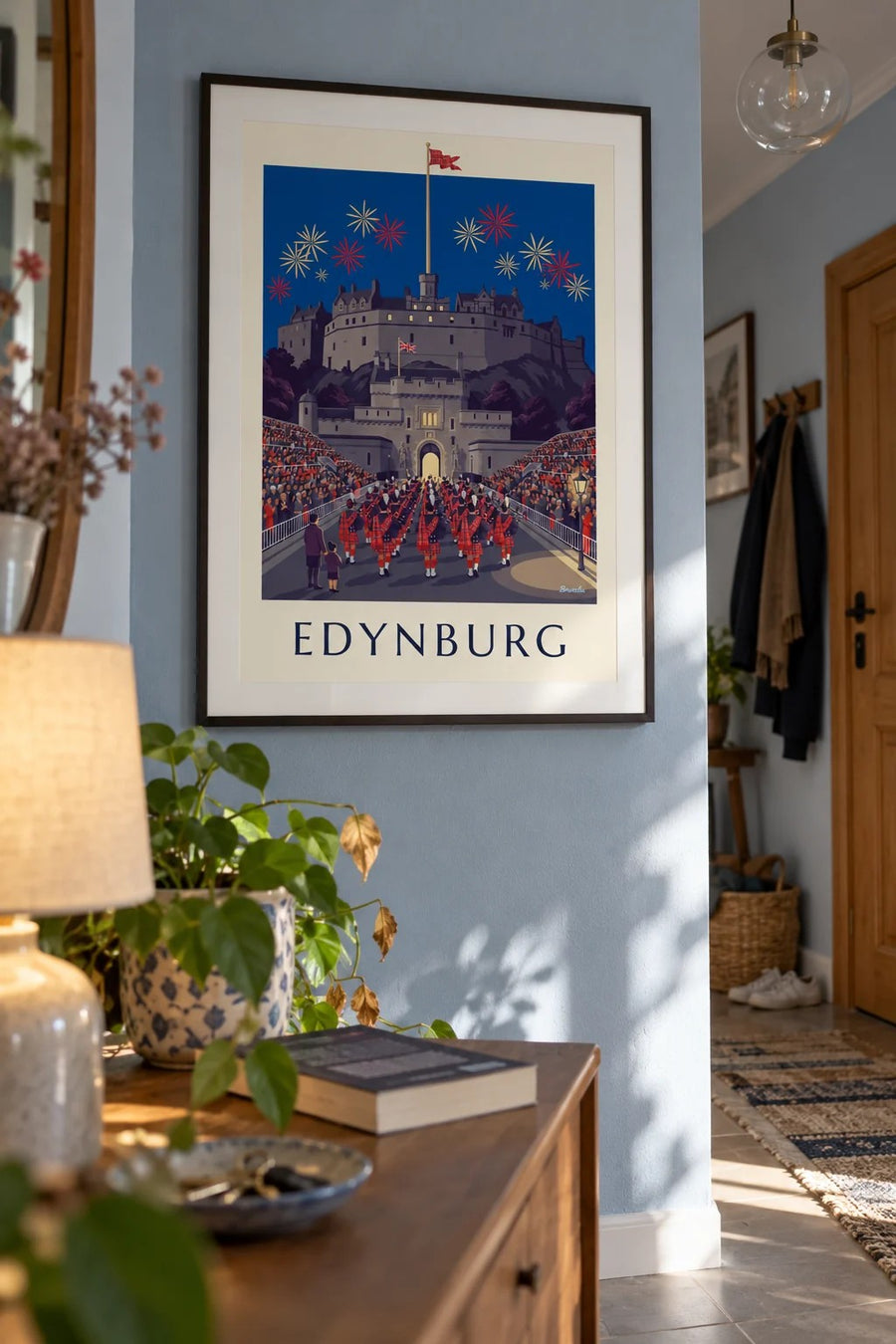 Plakat zamek w Edynburgu i Military Tattoo nocą: w ramie na ścianie