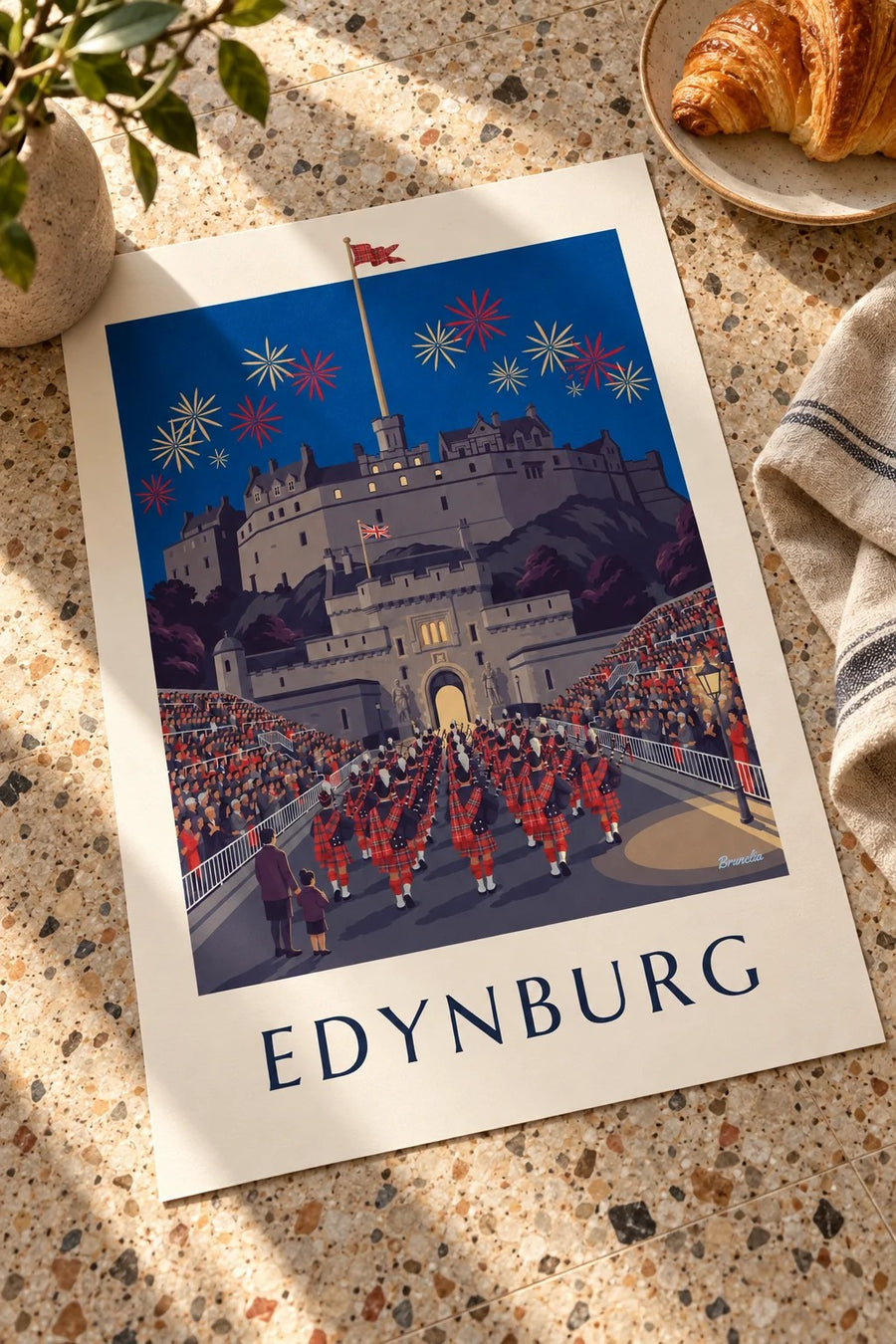 Plakat zamek w Edynburgu i Military Tattoo nocą: leżący na stole