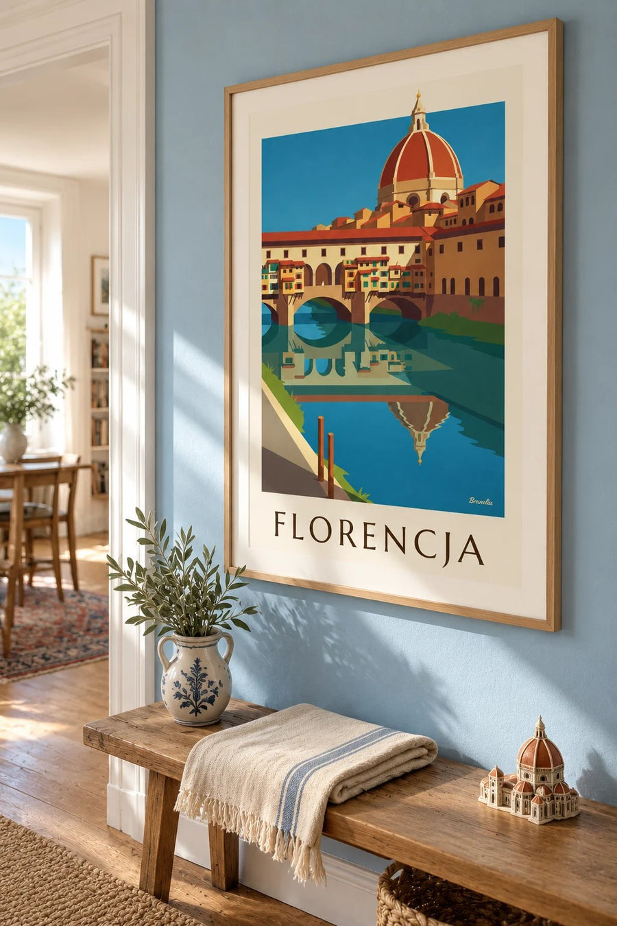 Plakat Ponte Vecchio i Arno we Florencji: w ramie na ścianie