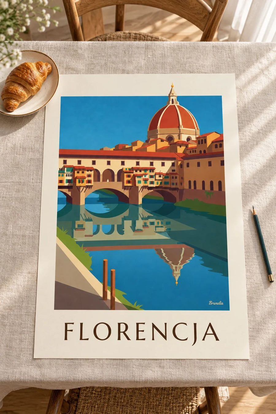 Plakat Ponte Vecchio i Arno we Florencji: oparty na stole