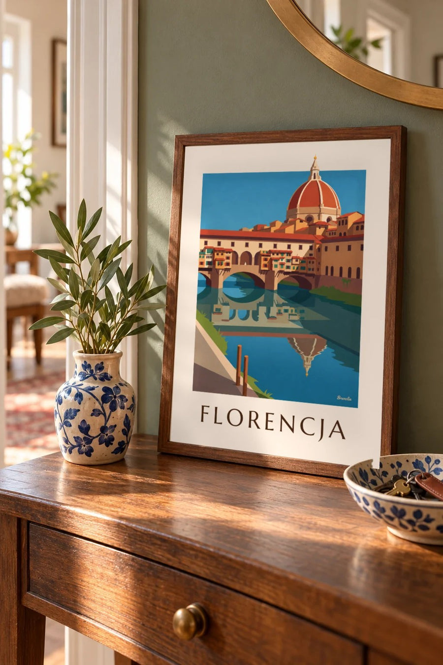 Plakat Ponte Vecchio i Arno we Florencji: mały format A4 w ramce