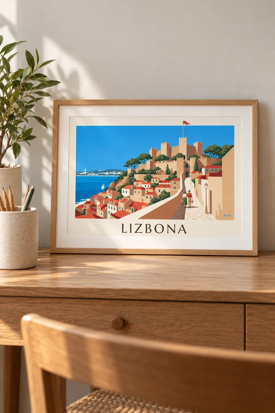 Plakat zamek św. Jerzego i dachy Alfamy w Lizbonie: mały format A4 w ramie