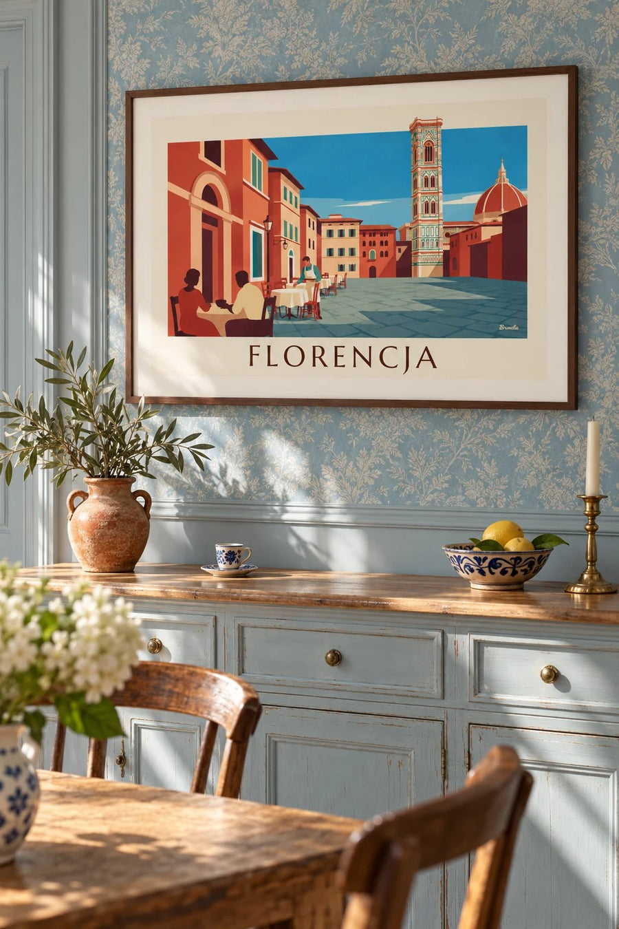 Plakat kawiarniany ogródek naprzeciw Duomo we Florencji: w ramie na ścianie
