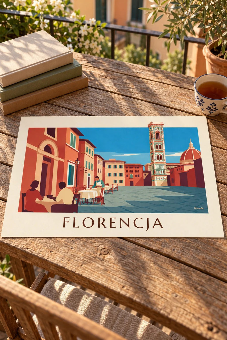 Plakat kawiarniany ogródek naprzeciw Duomo we Florencji: plakat na stole