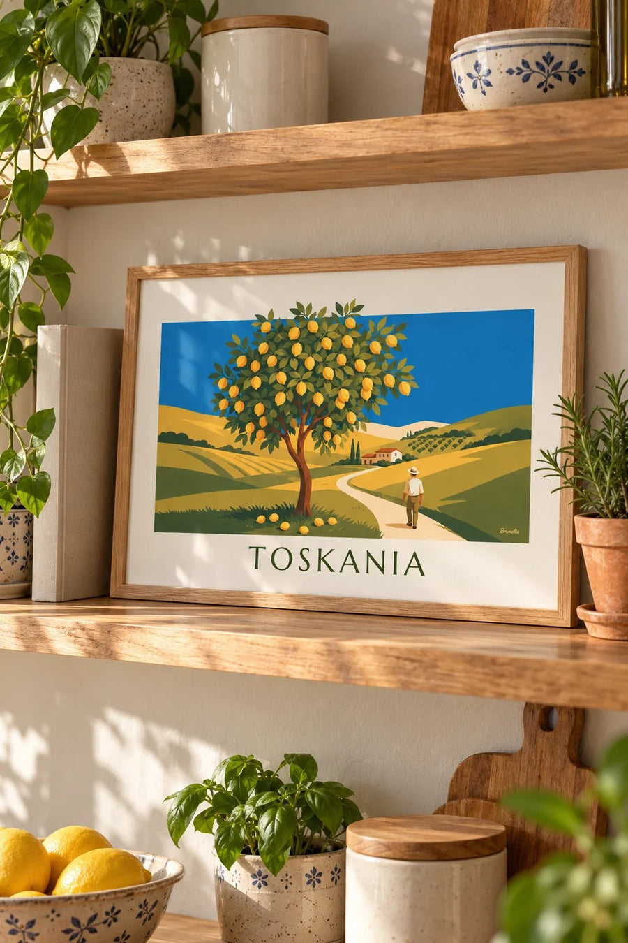 Plakat cytrynowiec w toskańskim ogrodzie w pełnym słońcu: mały format A4 w ramce