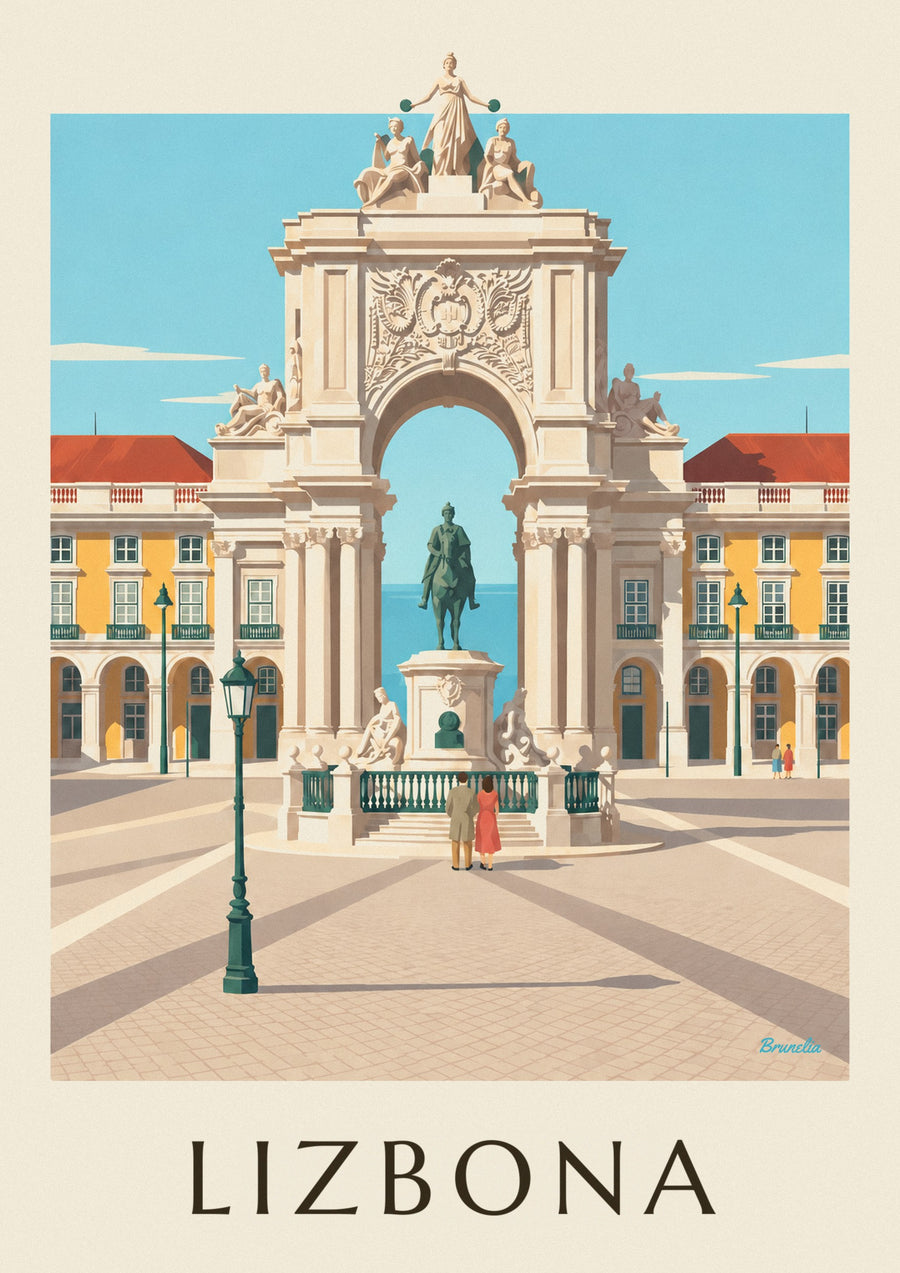 Plakat Plac Handlowy i Łuk Triumfalny na Rua Augusta w Lizbonie