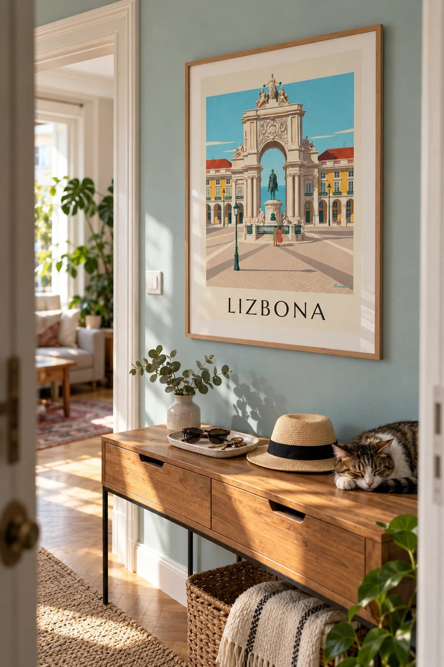Plakat Plac Handlowy i Łuk Triumfalny na Rua Augusta w Lizbonie: w ramie na ścianie