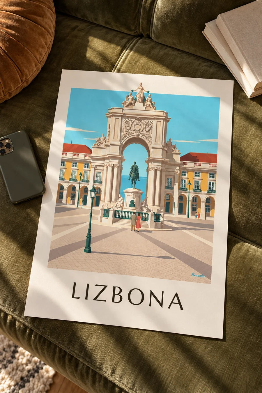 Plakat Plac Handlowy i Łuk Triumfalny na Rua Augusta w Lizbonie: na stole