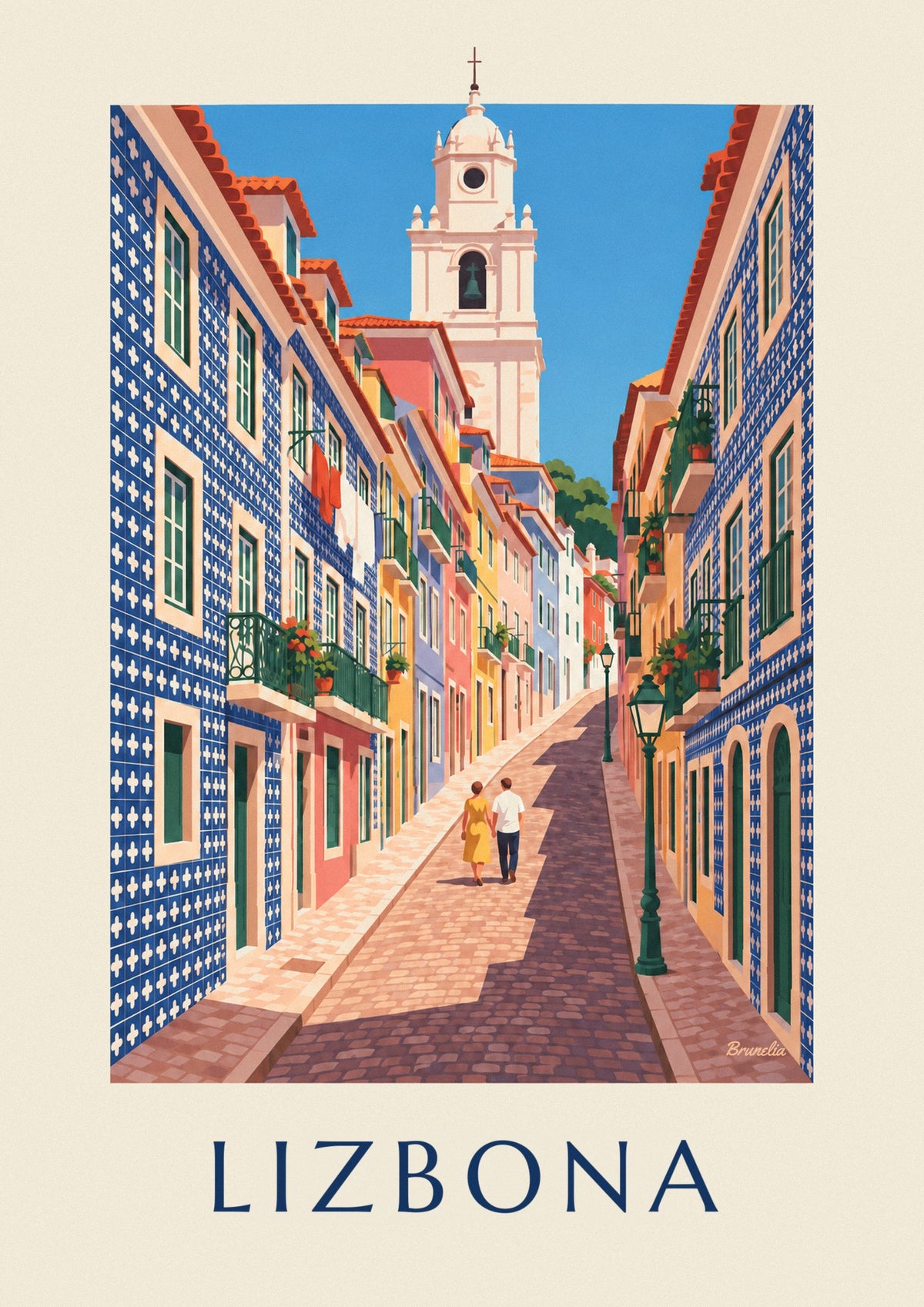 Plakat uliczka w Lizbonie z fasadami z azulejos