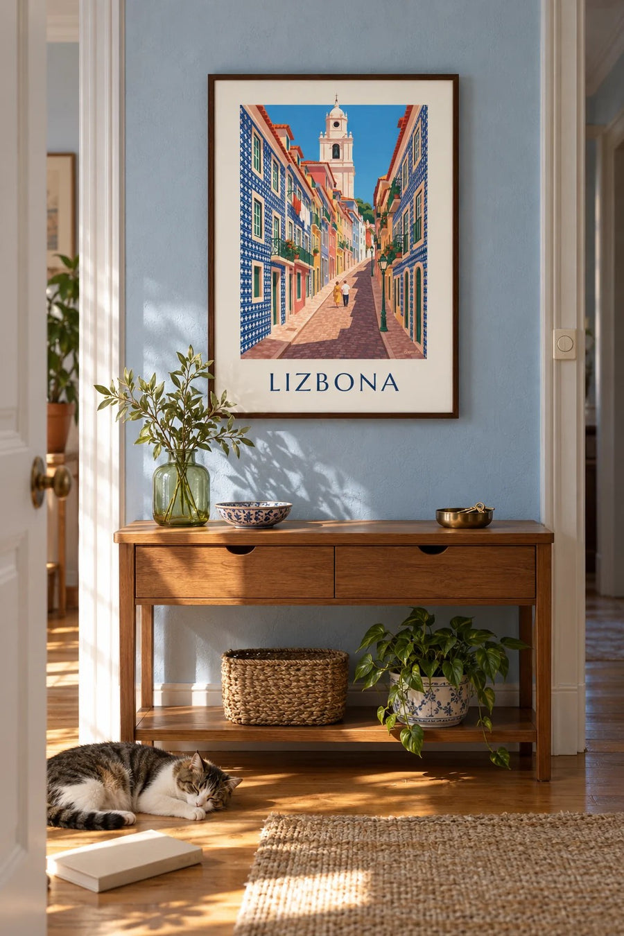 Plakat uliczka w Lizbonie z fasadami z azulejos: w ramie na ścianie