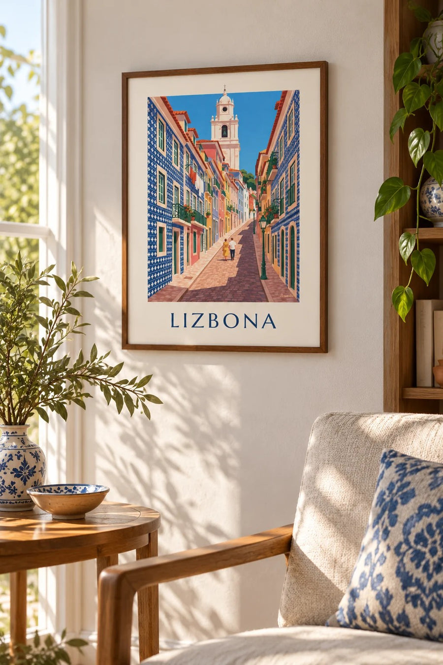 Plakat uliczka w Lizbonie z fasadami z azulejos: mały format A4 w ramce