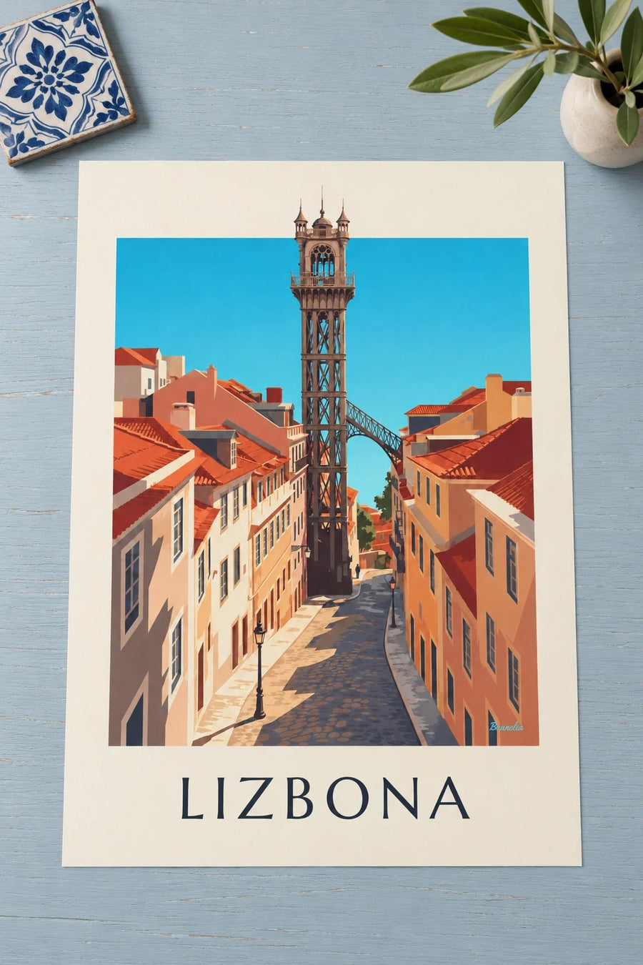 Plakat winda Santa Justa w Lizbonie: na stole